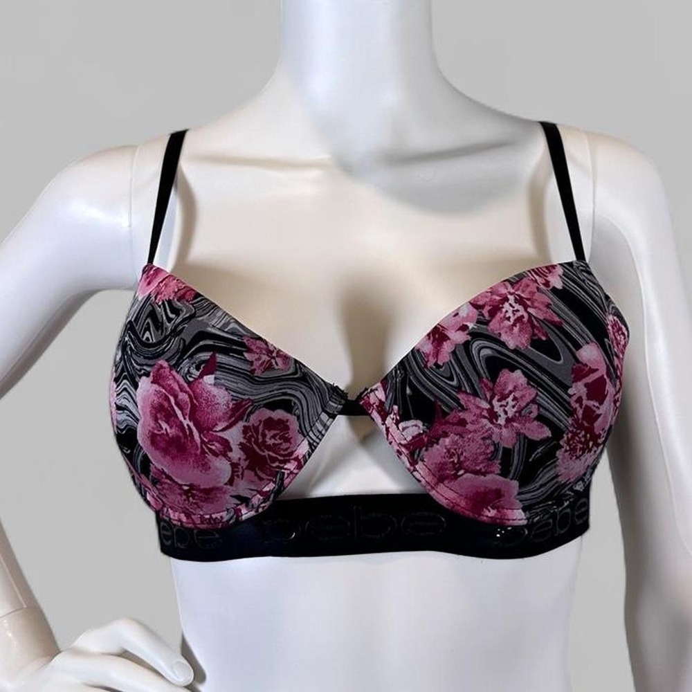 Bebe Floral Push Up Bra 36C Y2K Pink Black Lace Lingerie Coquette